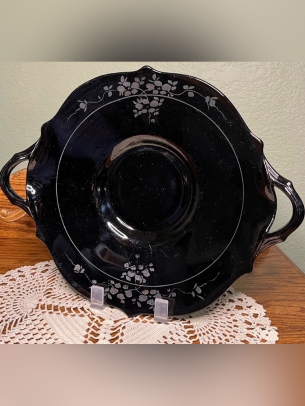 L.E. Smith Black Amethyst Glass Cake Plate Silver Overlay Art Deco 1930s Handles